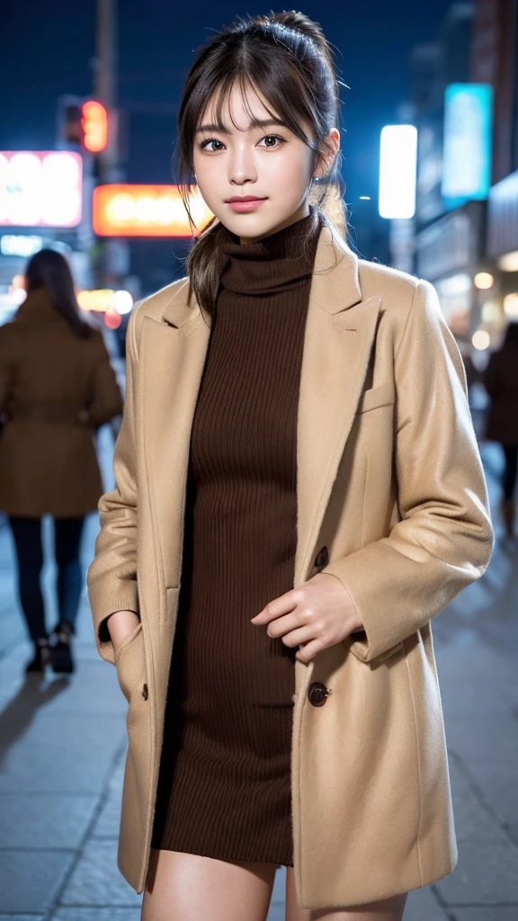 One Girl,(RAW Photos, Highest quality), (Realistic, Realistic:1.4), (Full Body Shot:1.4)、(Brown coat:1.3), (Turtleneck sweater:1.3),skirt, (My hair is messy, Asymmetrical bangs, Black Hair,ponytail),Very delicate and beautiful, Very detailed, 8k wallpaper, wonderful, In detail, Very detailedなCG Unity, High resolution,Very clear, Soft Light, 美しくIn detail描かれた19歳の少女, Very detailedな目と顔, Beautiful and detailed nose, Beautiful details,Cinema Lighting,City lights at night,Perfect Anatomy,Slender body,smile,