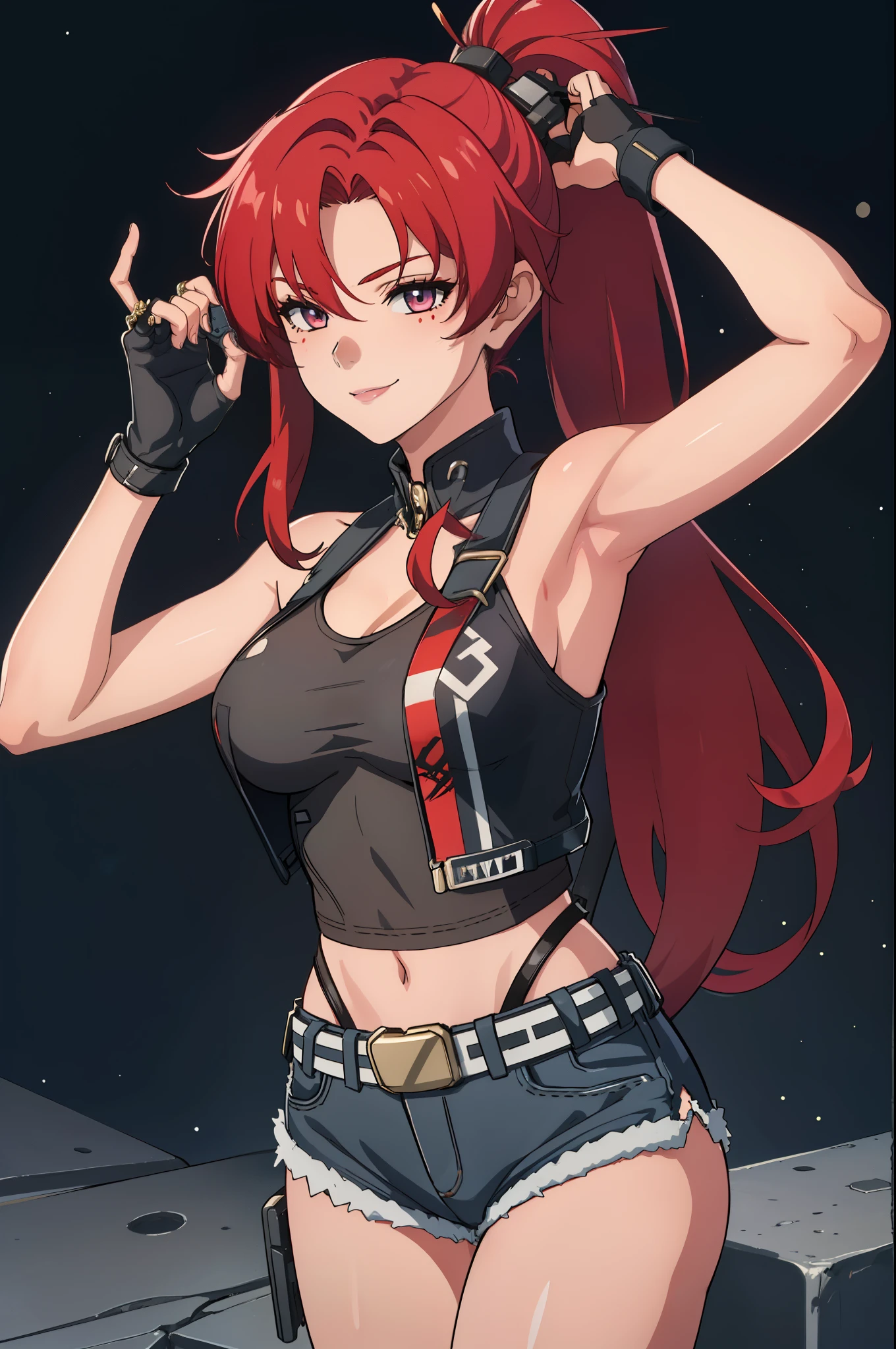 1girl, cute, sexy, red hair, cowboy shot, solo, revy, evil smile, holding gun, handgun, pistol, ponytail, tank top, fingerless gloves, denim shorts, holster, belt, newest