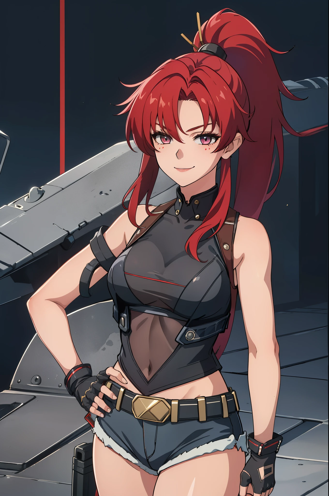 1girl, cute, sexy, red hair, cowboy shot, solo, revy, evil smile, holding gun, handgun, pistol, ponytail, tank top, fingerless gloves, denim shorts, holster, belt, newest