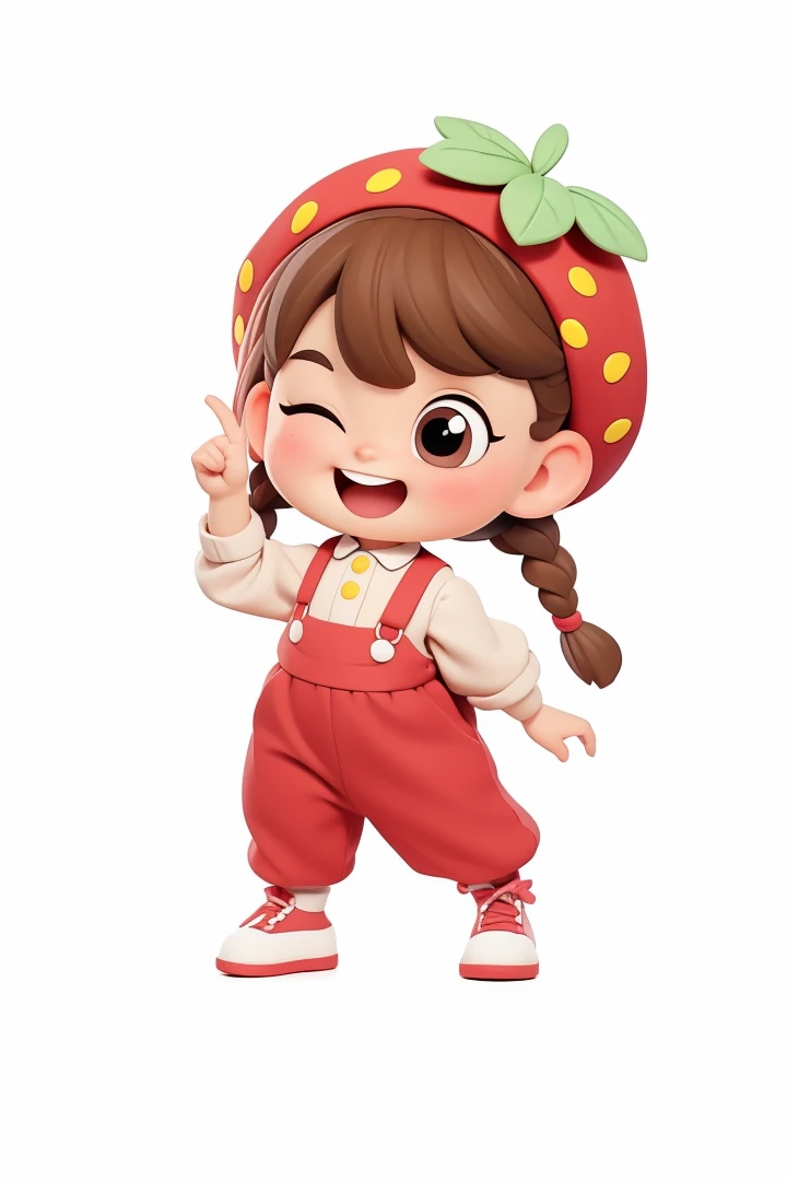 whole body、《Q version girl》、Reflecting the image of strawberries in clothing、Strawberry Big Hat、There is a dot on the strawberry hat、Strawberry accessories、Green leaves、Super happy、Smile with teeth、Lively and cute girl、cute shoes、Scissorhands pose、(dwarf:1.2)、Brown eyes、Long eyelashes、big eyes、One eye closed、Squeeze your eyebrows、Delicate and bright eyes、braid、big ear、Clear finger details、The fingers are clearly defined、Hand super detail、Red suspenders、Blind Box Toys、Pixar style、give him a smile、Put a sweet smile on his face、3D Rendering、