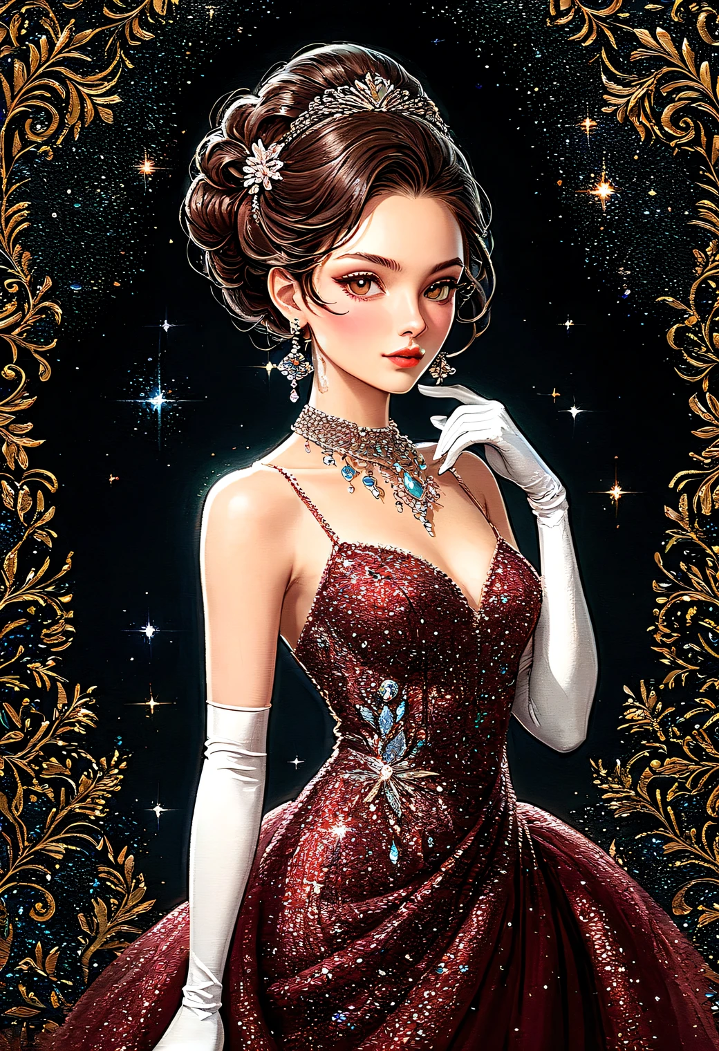 illustration of a woman with glitter dark red evening dress, (white long gloves), large necklace with diamonds, earrings, (Small brightly coloured bag with intricate beaded pattern), up-do hairstyle, 
At the entrance to the party venue, 
Vivid contrasts, Gentle touch rendering, Accurate detail, high detail, Precision, High quality oil painting, Stunning beautiful touch rendering, Fantasy, (full_body shot)