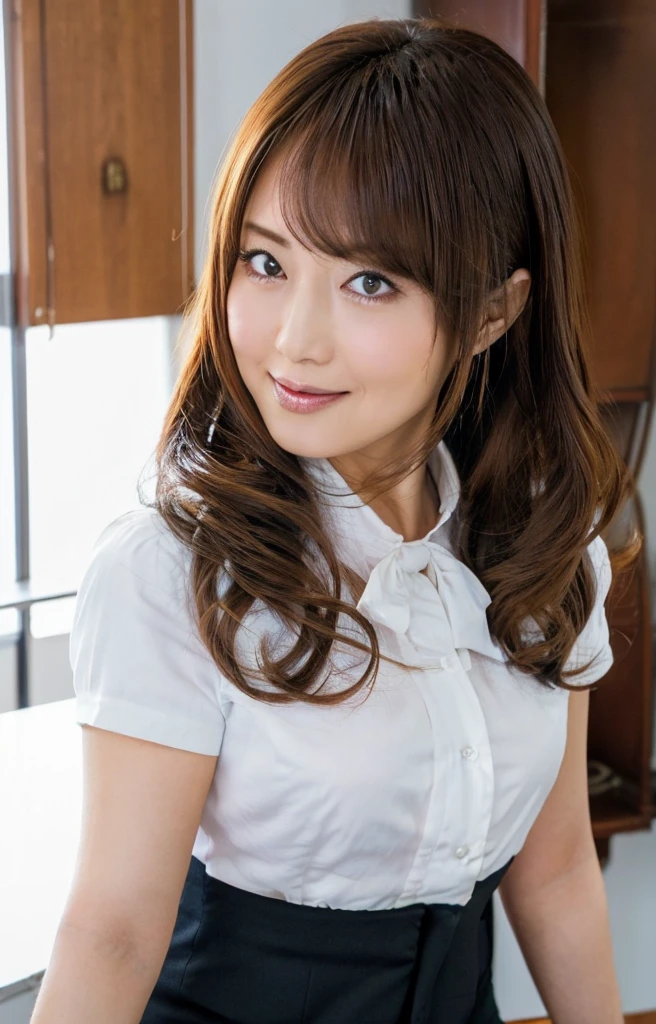 (Best quality, 8k, 32k, Masterpiece, UHD:1.2), from front, 1 girl, beautiy Japanese office lady, (smile:0.5), (looking at the the viewer), 30 years old, bit chubby:0.2, white shirt, black skirt, office room, desk, detailed beautiful face, twin-tail wavy hair, from below,
