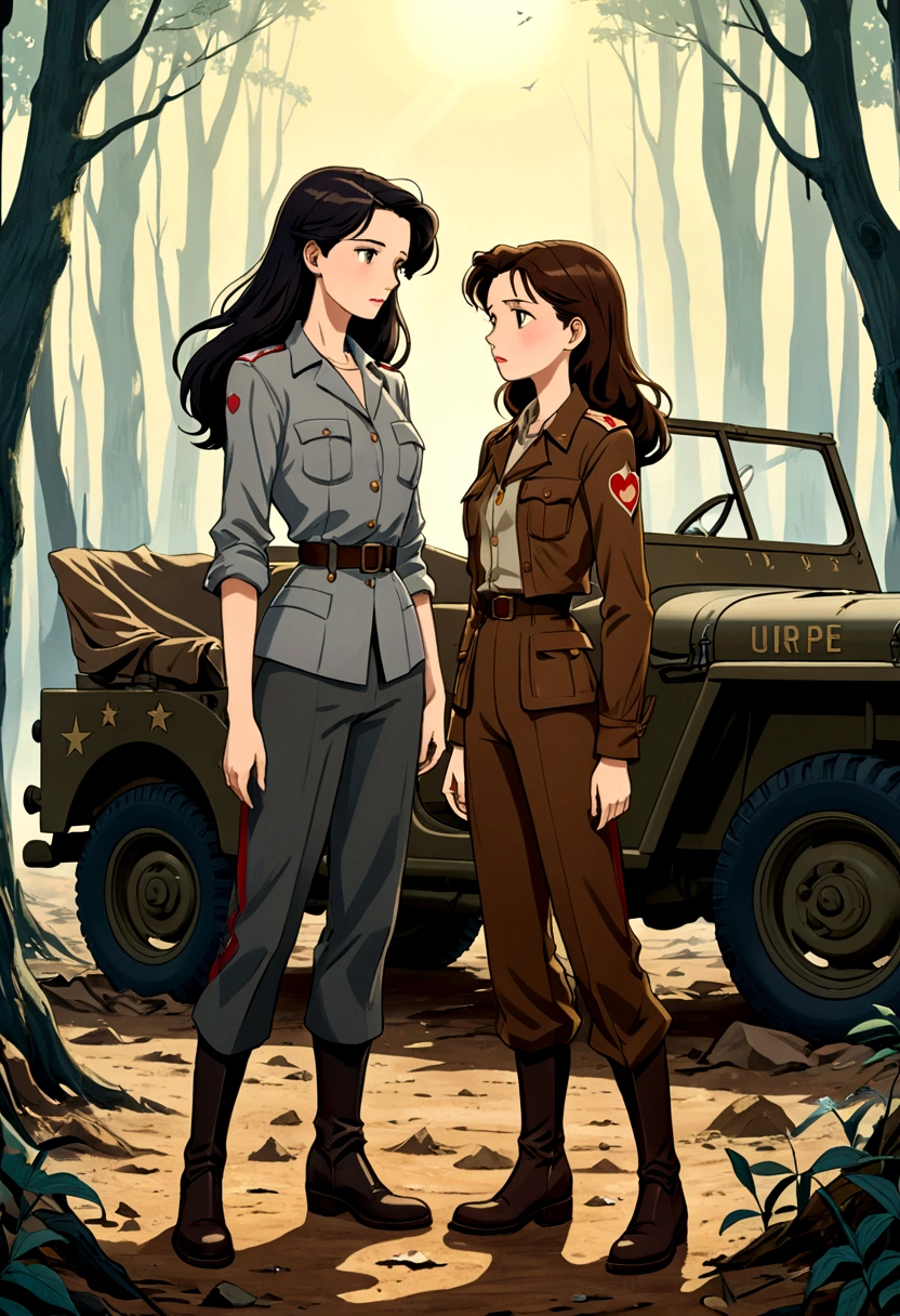 A heartbreaking anime illustration style depicting two women in love in the middle of a desolate war-torn forest. The first woman, with long dark hair, wears a gray shirt, dark 1940s pants, and boots. She is facing the second woman, who has British features, brown hair and is dressed in a brown leather jacket, pants and a red 40's style shirt. She is holding the first woman's arms hoping she will come to her senses. . Her eyes are full of sadness as they stand next to a war-ravaged jeep. The title, "Uranus 2324", is written in bold and gold, 1940s war style, evoking a sense of longing and loss