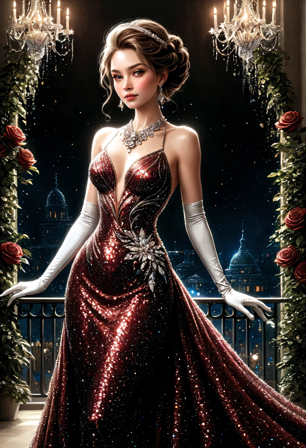 illustration of a woman with glitter dark red evening dress, (white long gloves), large necklace with diamonds, earrings, up-do hairstyle, 
(Have a glass of champagne), 
Vivid contrasts, Gentle touch rendering, Accurate detail, high detail, Precision, High quality oil painting, Stunning beautiful touch rendering, Fantasy, (full_body shot)