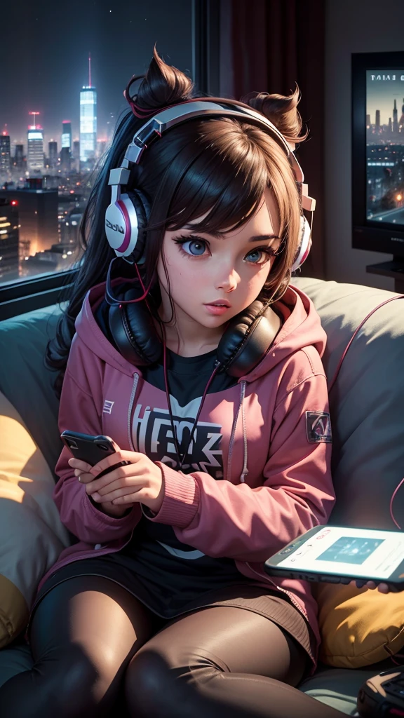 A gamer girl relaxing on the couch with a portable gaming device in her hands and headphones on, in your living room with a city skyline outside the window at night. Tenha cartazes de jogos na parede.