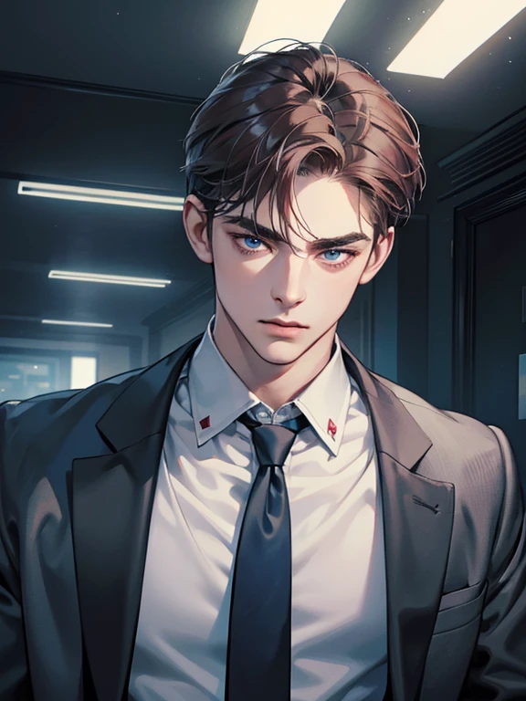 masterpiece, best quality, realistic, 1 man, mature man, quiet and charming young man, 31 years old, eyes closed, serious look, extremely detailed face, ((dark gray blue eyes)), ((short dark red swept to the right ) hair)), [thick eyebrows], ((businessman)), cinematic lighting, posture dynamics