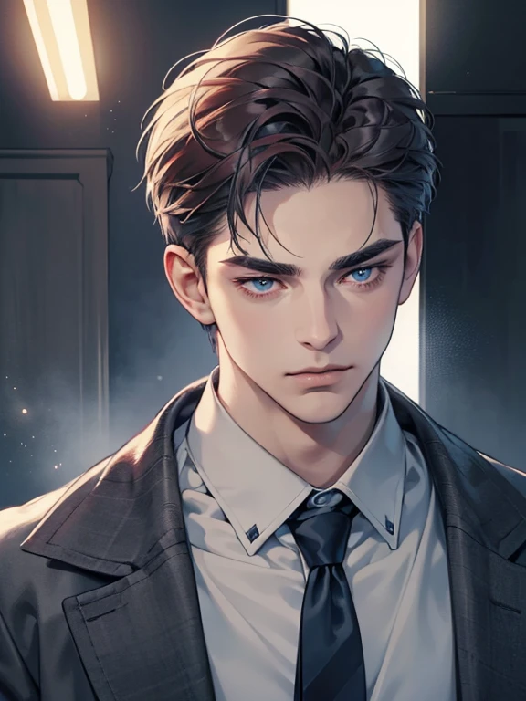 masterpiece, best quality, realistic, 1 man, mature man, quiet and charming young man, 31 years old, eyes closed, serious look, extremely detailed face, ((dark gray blue eyes)), ((short dark red swept to the right ) hair)), [thick eyebrows], ((businessman)), cinematic lighting, posture dynamics