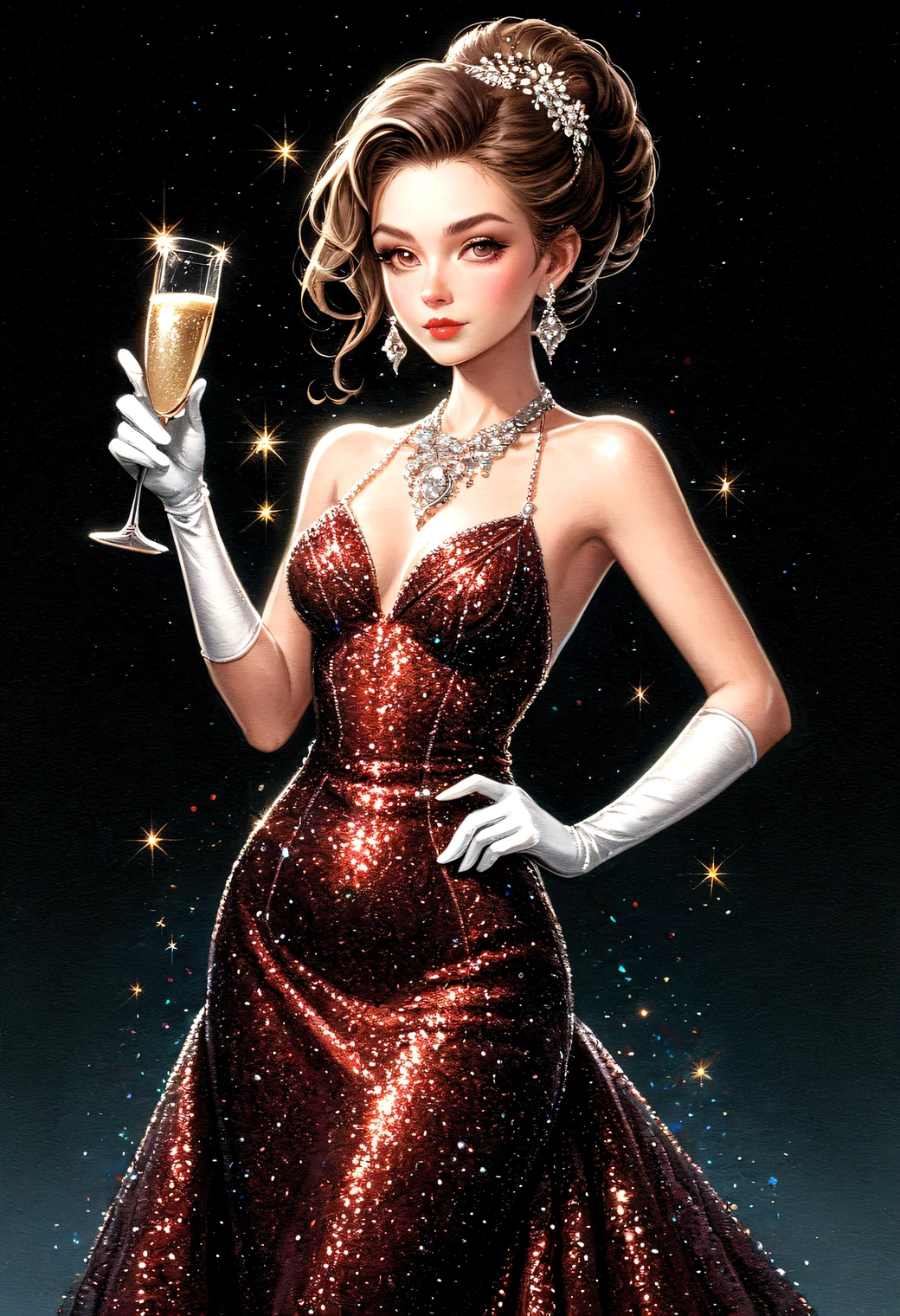 illustration of a woman with glitter dark red evening dress, (white long gloves), large necklace with diamonds, earrings, up-do hairstyle, 
(Have a glass of champagne), 
Vivid contrasts, Gentle touch rendering, Accurate detail, high detail, Precision, High quality oil painting, Stunning beautiful touch rendering, Fantasy, (full_body shot)