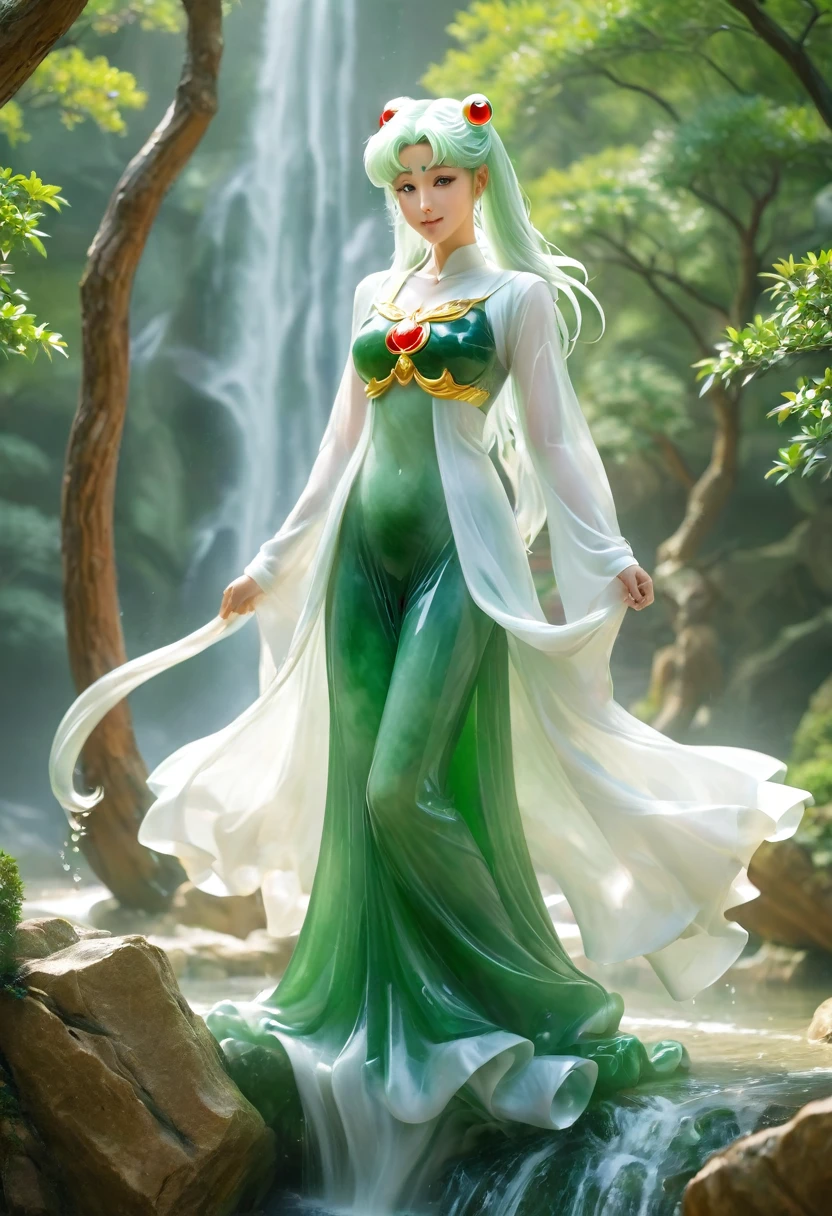  jade leggings, solo，jade hair，ruby，Anatomically correct, white jade skin ，jade cloth，blur, jade girl， smile，beautiful，sexy, thin gap，camel toe，Jade Landscape，Jade Pine Tree，Jade Carving Waterfall，bishoujo_senshi_sailor_moon, realistic，3d， jade fractal background，jade