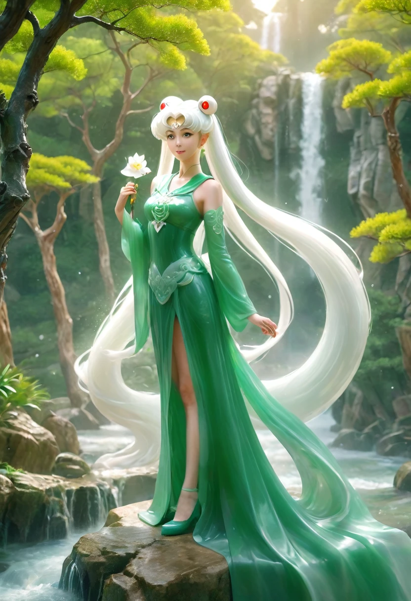  jade leggings, solo，jade hair，ruby，Anatomically correct, white jade skin ，jade cloth，blur, jade girl， smile，beautiful，sexy, thin gap，camel toe，Jade Landscape，Jade Pine Tree，Jade Carving Waterfall，bishoujo_senshi_sailor_moon, realistic，3d， jade fractal background，jade