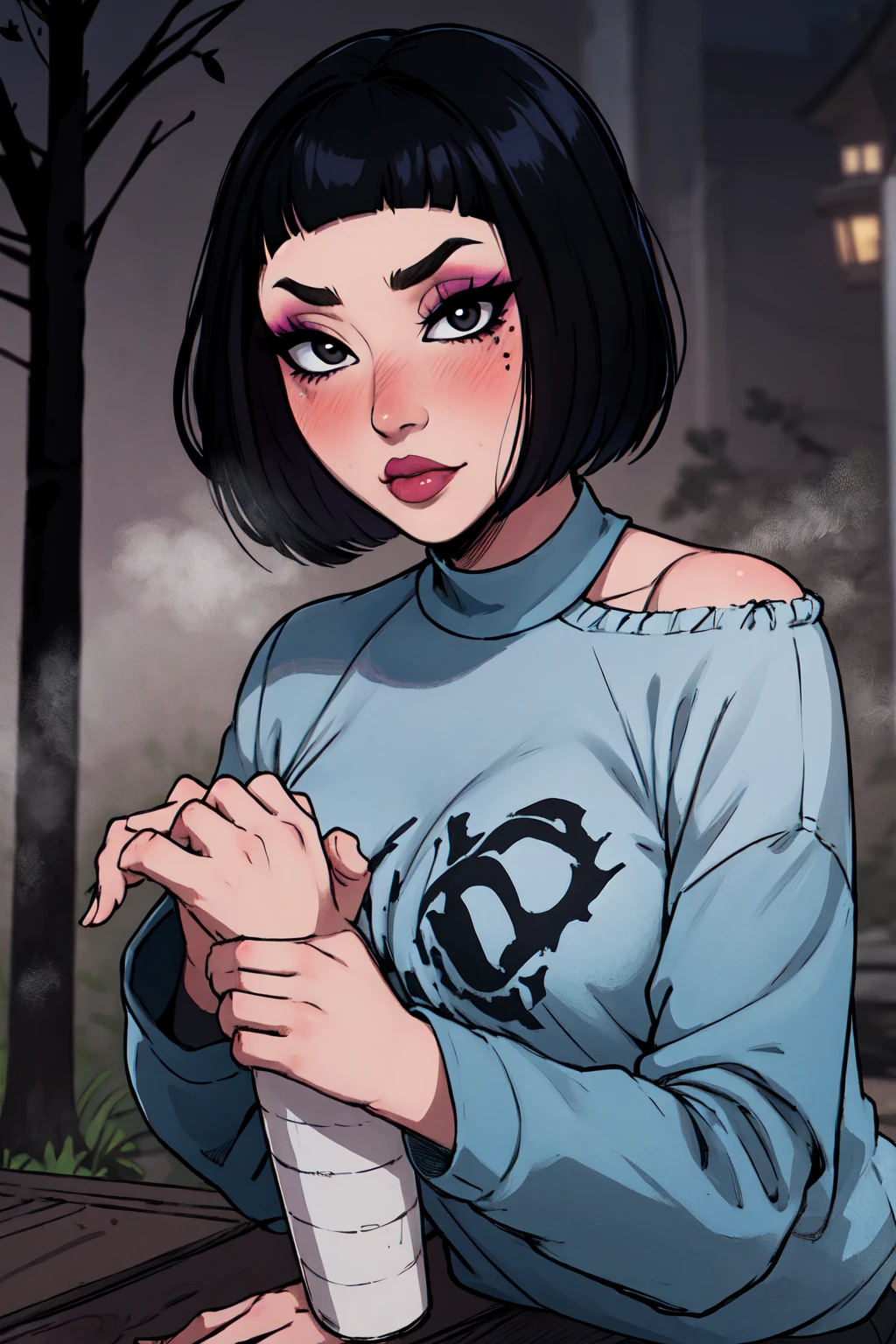 1girl, FengMin, solo, skinny, black eyes, asian eyes, eyeliner, looking at viewer, lips, black bob cut, blunt bangs, blush, standing, upper body, face focus, outdoors, horror \(theme\), night, fog egirlmakeup, sitting on the ground, chin resting in her shoulder