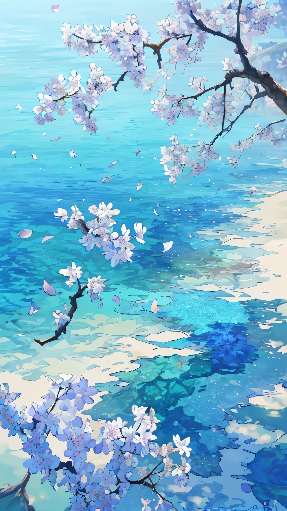 (best quality,4k,8K,high resolution,masterpiece:1.2), Extremely detailed, (Reality:1.37), (CG:1.1) (best quality) Nature, blue sea with delicately colored tree leaves and flower petals falling in the air, Ray Tracing, Extremely detailed, (Best shadow) and (illustration).