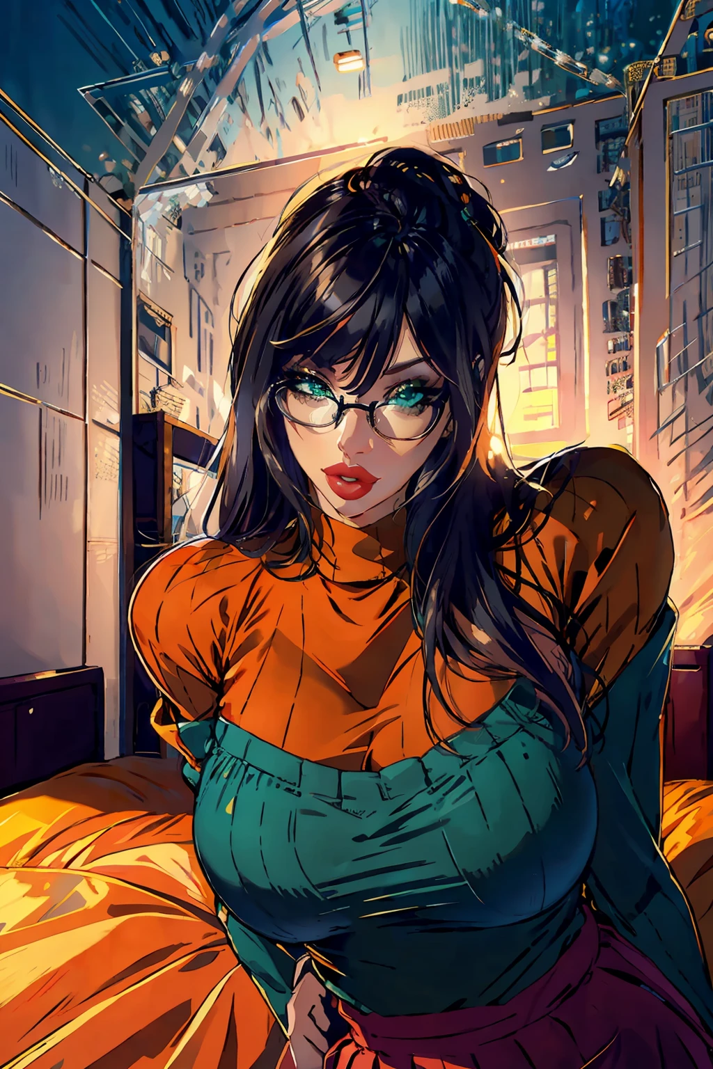 HD, 8k quality, masterpiece, Velma, (1girl, solo girl) dream girl, huge breasts, beautiful face, kissing lips, short bob straight hairstyle, long bangs, perfect makeup, realistic face, detailed eyes, jade green eyes, brunette hair, eyelashes, bedroom, laying on bed, eyes at viewer, orange top, knitted sweater, turtleneck, clear lens glasses, red school girl skirt, excited mood, full body,