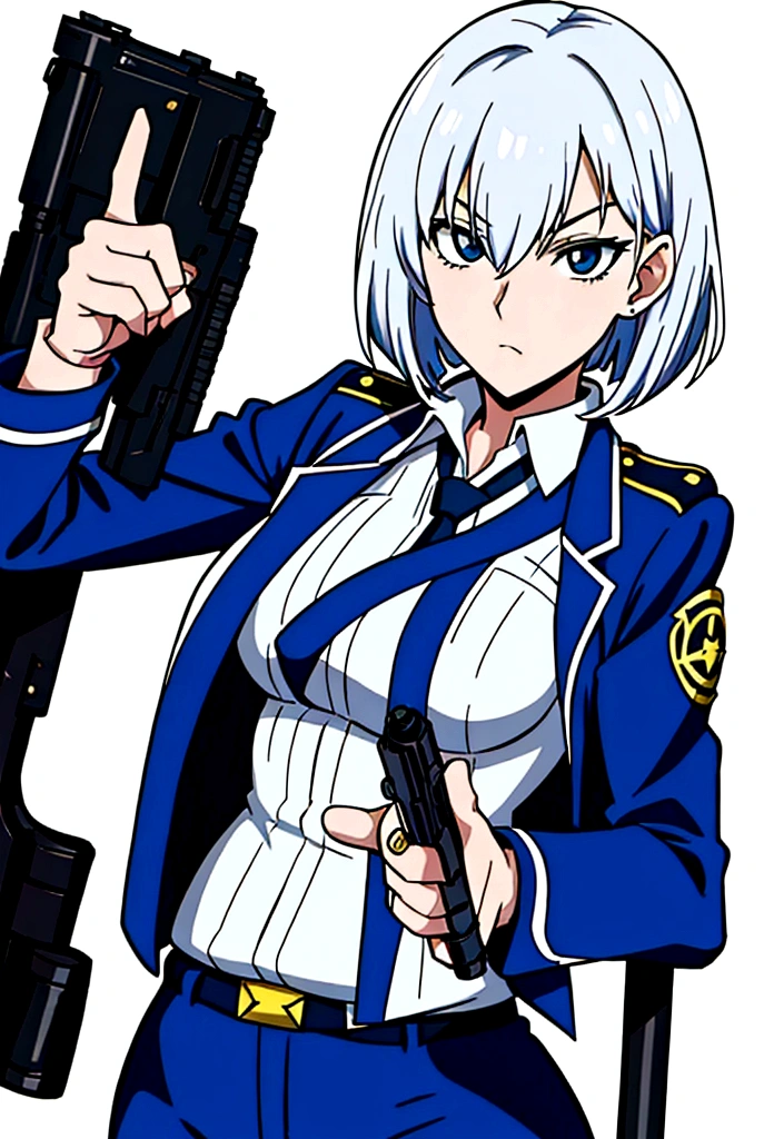 anime girl in uniform holding a gun and pointing it at the camera, officer, policewoman, Trigun Stampede style, short hair, straight hair, Viper | Valorant, Jane | Alchemy Stars, White Shirt, blue blazer, thicc, casual pose, 
a-1 pictures, high quality fanart, portrait n - 9, 