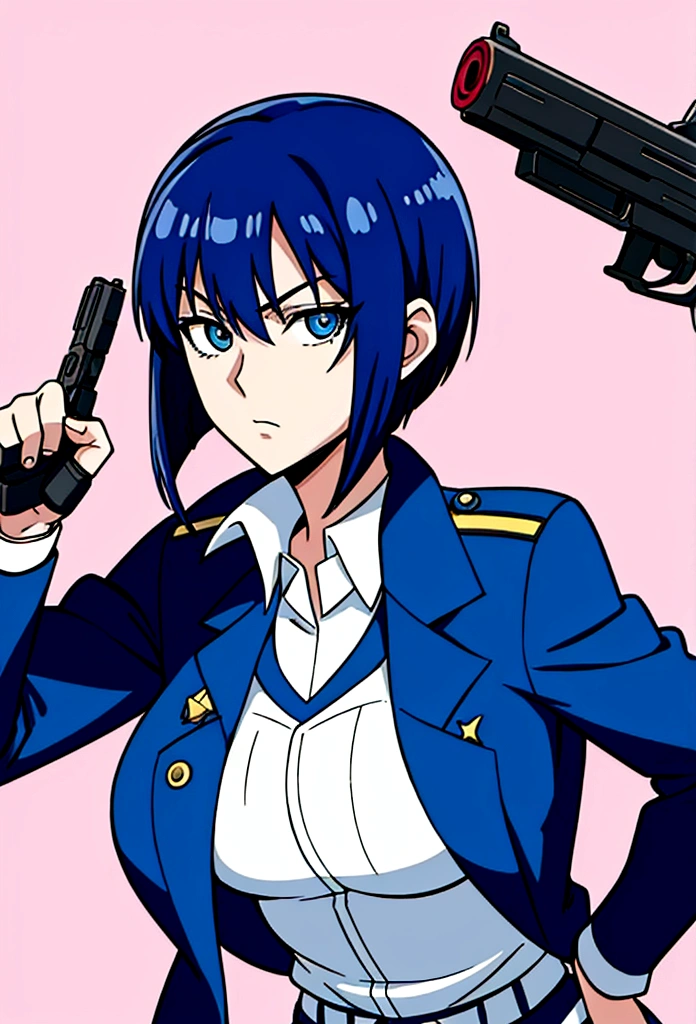 anime girl in uniform holding a gun and pointing it at the camera, officer, policewoman, Trigun Stampede style, short hair, straight hair, Viper | Valorant, Jane | Alchemy Stars, White Shirt, blue blazer, thicc, casual pose, 
a-1 pictures, high quality fanart, portrait n - 9, 