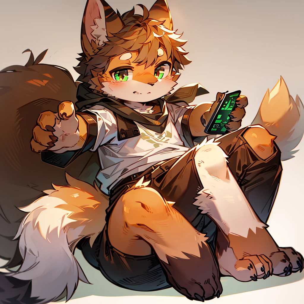 By Zeeta96829 by milkytiger1145 By Donkeyramen, By wfa, ToulouseTheAristocatsI,solo,simple background,smartphone,looking at viewer, orange fur, black eyes, green sclera, kitten, ddler