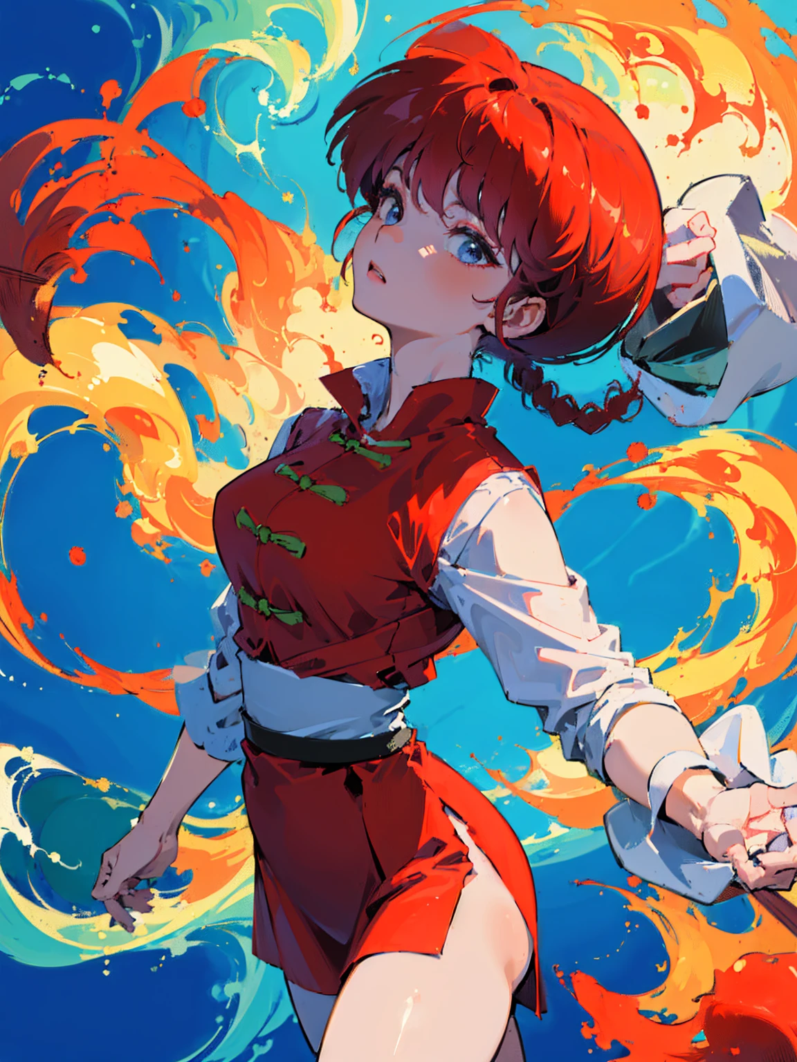 ((masterpiece:1.4)), expensive quality, very_expensive_solve, big_file size, Full Color, Thick outline, Clear contours, colorful, (Beautiful fine details, Are thin:1.4), ((Beautiful Face:1.0)), ((Boyish face:1.4)), 1 girl, (Ranma), (Redhead), short hair, (Braided Ponytail), ((bangs)), bumpy bangs, Blue-gray eyes, Big Breasts, Curvy, Ranma, Braided Ponytail, (Red Chinese Clothing, Short sleeves in red), No sleeve, Tangzhuang, Black trousers, Are standing, ((, Are thin:1.4)), ((from the front:1.4)), Are thin:1.4