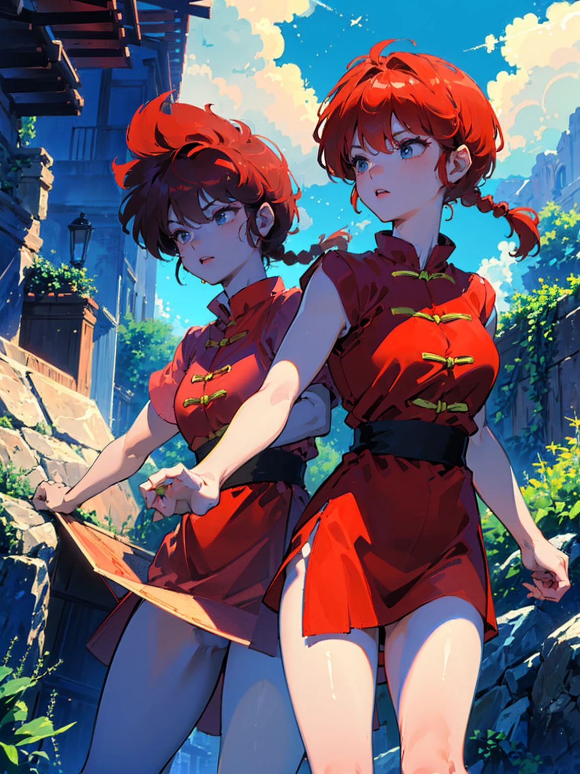 ((masterpiece:1.4)), expensive quality, very_expensive_solve, big_file size, Full Color, Thick outline, Clear contours, colorful, (Beautiful fine details, Are thin:1.4), ((Beautiful Face:1.0)), ((Boyish face:1.4)), 1 girl, (Ranma), (Redhead), short hair, (Braided Ponytail), ((bangs)), bumpy bangs, Blue-gray eyes, Big Breasts, Curvy, Ranma, Braided Ponytail, (Red Chinese Clothing, Short sleeves in red), No sleeve, Tangzhuang, Black trousers, Are standing, ((, Are thin:1.4)), ((from the front:1.4)), Are thin:1.4
