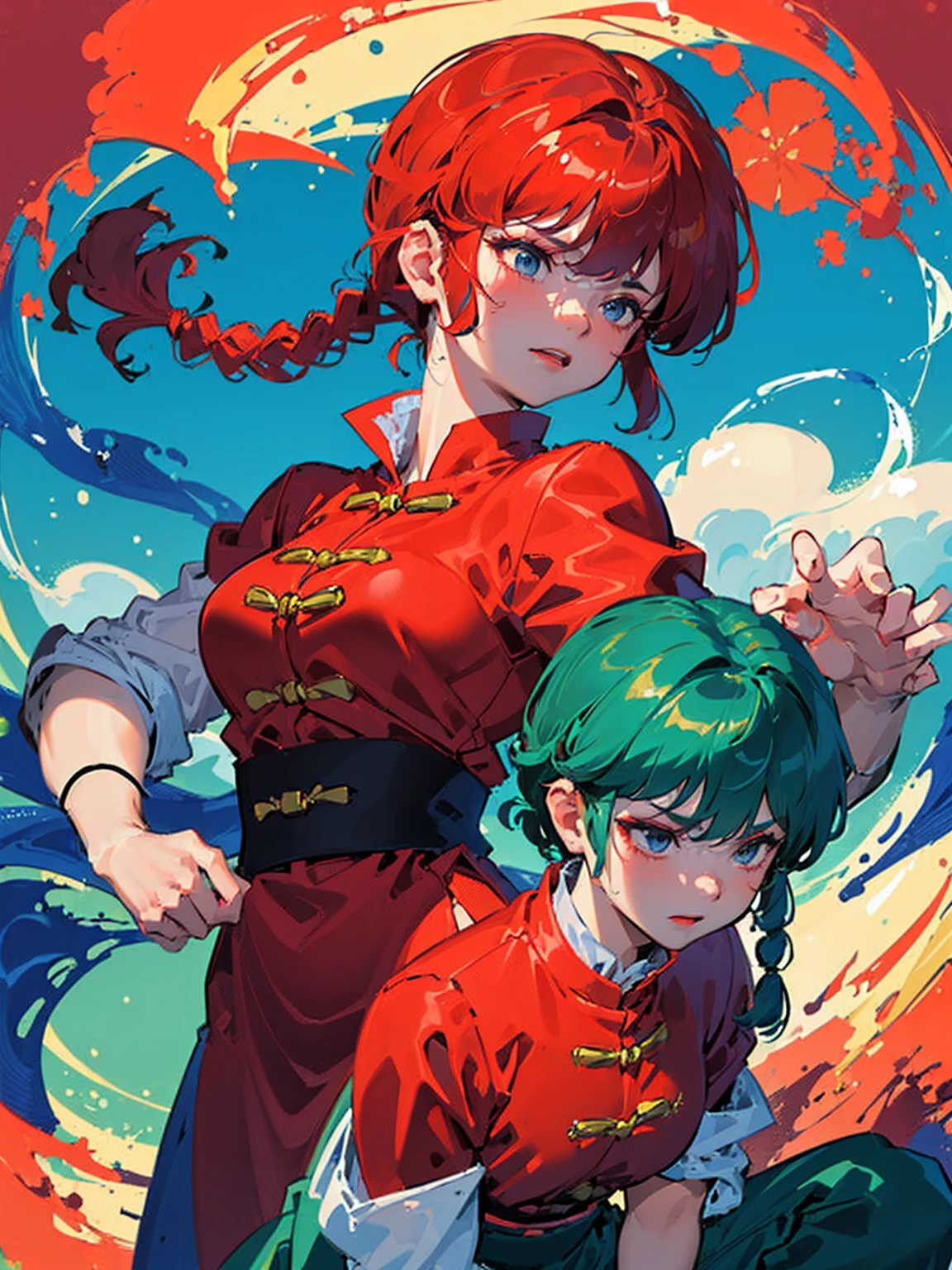 ((masterpiece:1.4)), expensive quality, very_expensive_solve, big_file size, Full Color, Thick outline, Clear contours, colorful, (Beautiful fine details, Are thin:1.4), ((Beautiful Face:1.0)), ((Boyish face:1.4)), 1 girl, (Ranma), (Redhead), short hair, (Braided Ponytail), ((bangs)), bumpy bangs, Blue-gray eyes, Big Breasts, Curvy, Ranma, Braided Ponytail, (Red Chinese Clothing, Short sleeves in red), No sleeve, Tangzhuang, Black trousers, Are standing, ((, Are thin:1.4)), ((from the front:1.4)), Are thin:1.4
