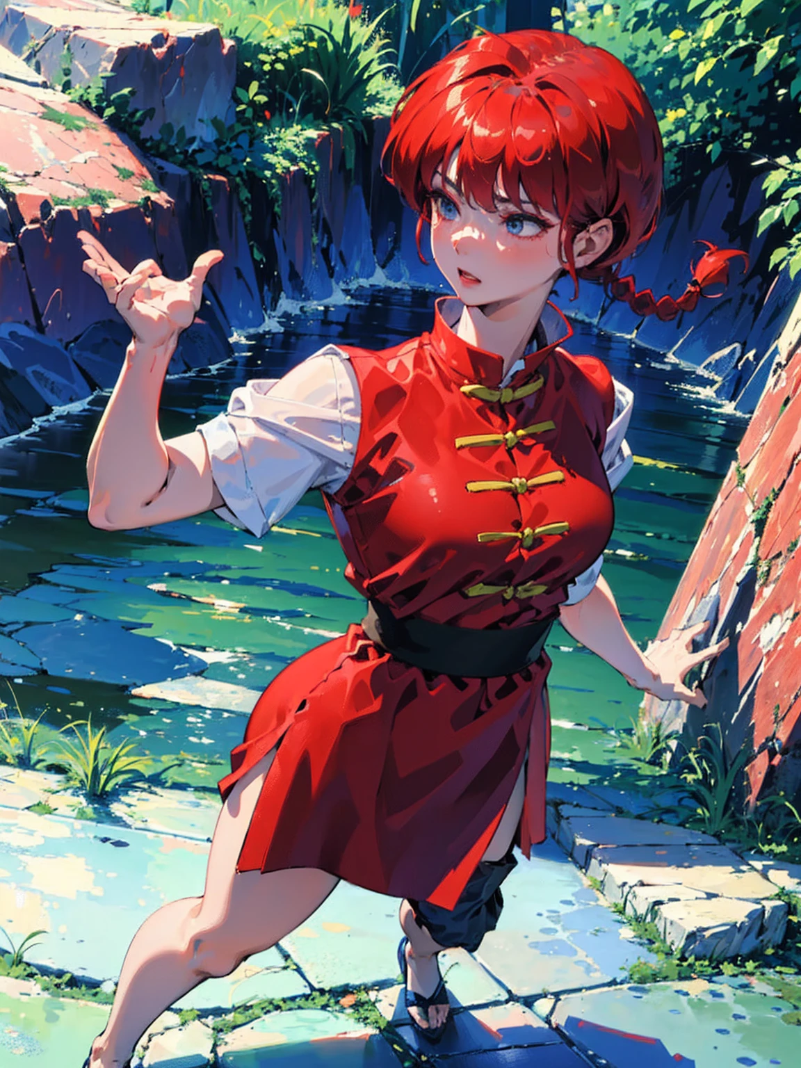 ((masterpiece:1.4)), expensive quality, very_expensive_solve, big_file size, Full Color, Thick outline, Clear contours, colorful, (Beautiful fine details, Are thin:1.4), ((Beautiful Face:1.0)), ((Boyish face:1.4)), 1 girl, (Ranma), (Redhead), short hair, (Braided Ponytail), ((bangs)), bumpy bangs, Blue-gray eyes, Big Breasts, Curvy, Ranma, Braided Ponytail, (Red Chinese Clothing, Short sleeves in red), No sleeve, Tangzhuang, Black trousers, Are standing, ((, Are thin:1.4)), ((from the front:1.4)), Are thin:1.4
