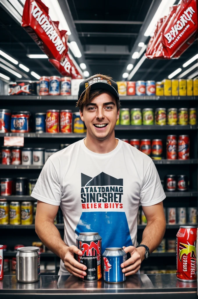 Show MrBeast prominently in the center, wearing a surprised or playful expression.
Action: Have him pouring multiple energy drink cans into a large, clear mixing bowl.
Background: Ensure the background is simple and uncluttered to keep the focus on MrBeast and the bowl of energy drinks.