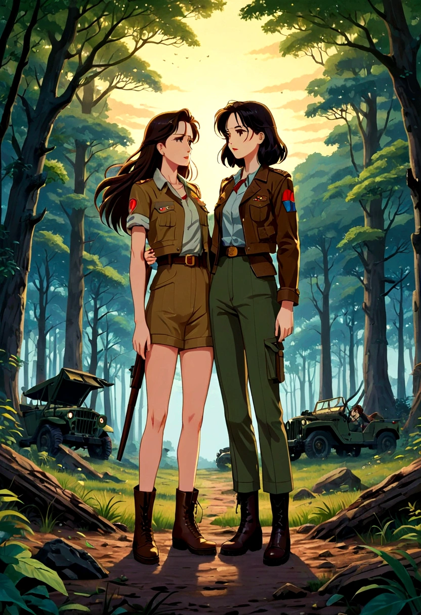 A heartbreaking anime illustration style depicting two women in love in the middle of a desolate war-torn forest. The first woman, with long dark hair, wears a gray shirt, dark 1940s pants, and boots. She is facing the second woman, who has British features, brown hair and is dressed in a brown leather jacket, pants and a red 40's style shirt. She is holding the first woman's arms hoping she will come to her senses. . Her eyes are full of sadness as they stand next to a war-ravaged jeep. The title, "Uranus 2324", is written in bold and gold, 1940s war style, evoking a sense of longing and loss