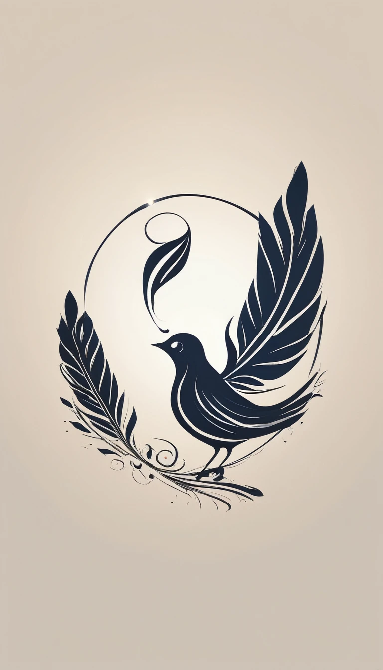 Create a poetic, unique symbol for a film production company based on stories and music. The logo should be a Boy Guitarist, A Storyteller Fantasy Bird and a Dreamy Feather. Minimalist symbol design