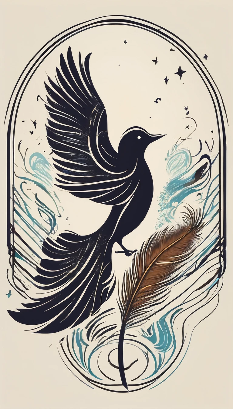 Create a poetic, unique symbol for a film production company based on stories and music. The logo should be a Boy Guitarist, A Storyteller Fantasy Bird and a Dreamy Feather. Minimalist symbol design