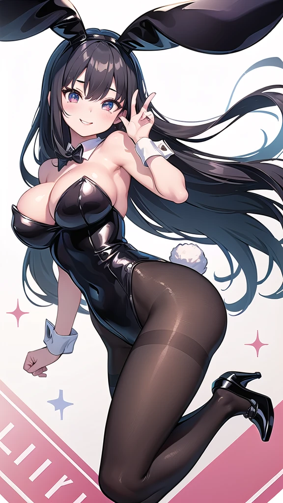 1 Girl, Game CG,((Playboy、Bunny girl、Bunny ears、pantyhose、Wearing high heels)),((Big Breasts)), Black Hair, Long Hair, Straight hair, black eye, ((Pose with one leg raised)), White Background,((Smiling face))