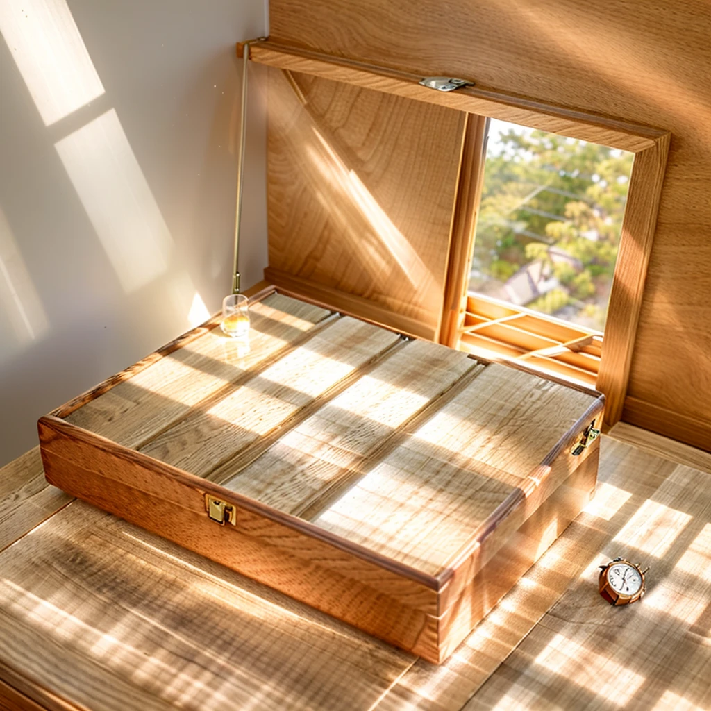 In this cozy room,A ray of sunlight shone on the table through the half-drawn curtains,Let the wood grain on the watch storage case shine with a faint sheen。There is a calm and serene atmosphere in the surrounding air。Several still lifes hang on the walls of the room,It adds a touch of elegance to the space。And on the other side of the room,A half-open window lets the breeze blow in,The pages on the small desk by the window flipped in the wind,This quiet scene gives a sense of tranquility and comfort。
