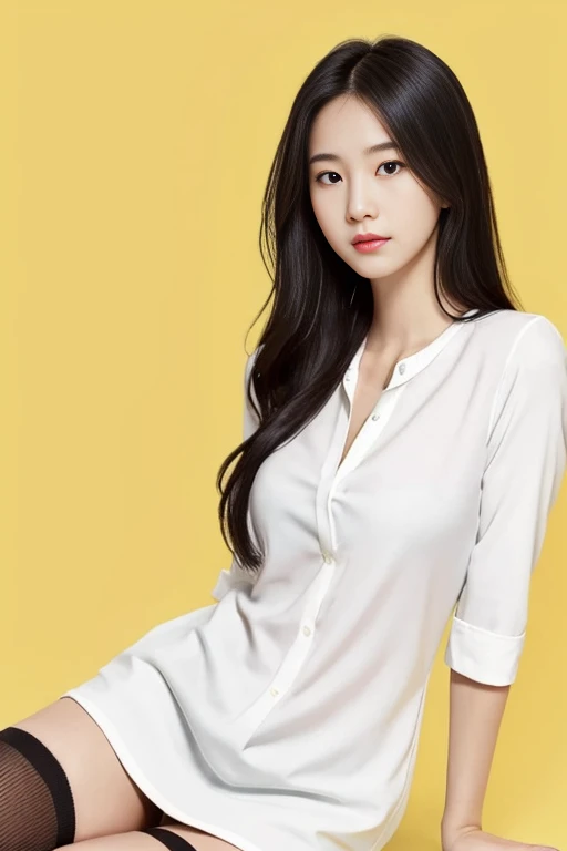 a gorgeous 18-year-old Asian girl, detailed face, round eyes with long lashes, flowing black hair, serene expression, dramatic lighting, magical, photorealistic, ultra-detailed, highest quality, centered composition, f/1.8 aperture, 85mm lens, white blouse , black mini-skirt, sneakers, high socks with bows, simple yellow background, well-endowed round bosom