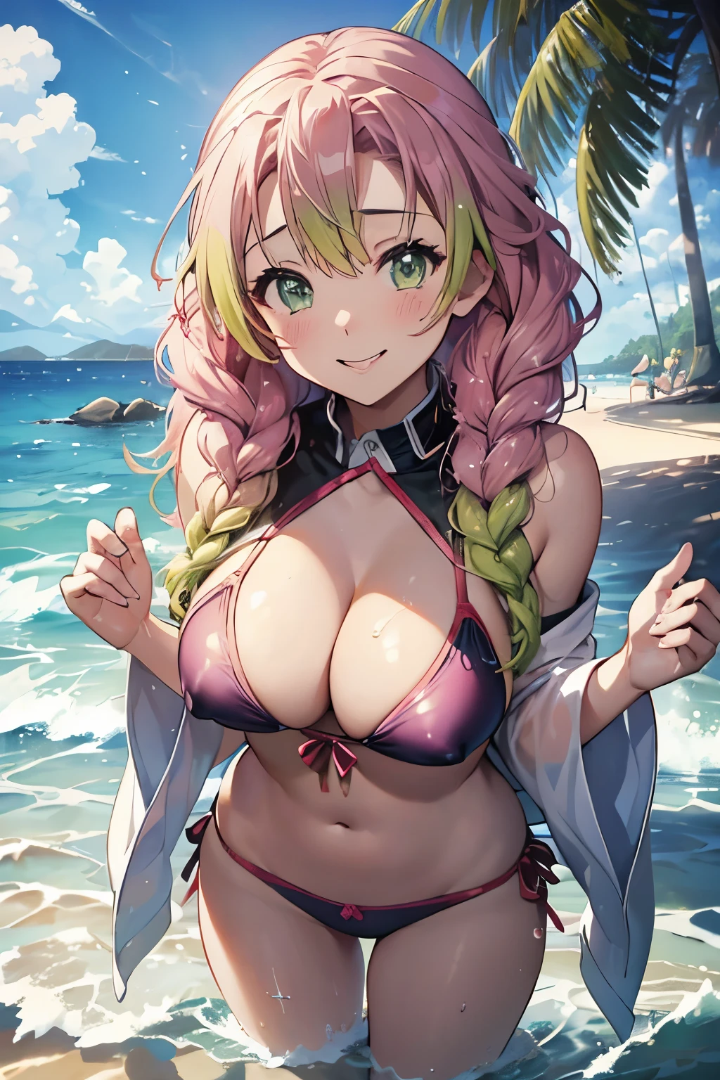 (8K、masterpiece、Highly detailed background、high resolution)、(mitsuri kanroji)、Cleavage、(beach、Swimwear、Splashing water、Gravure pose、Embarrassed smile、Nipple protrusion)