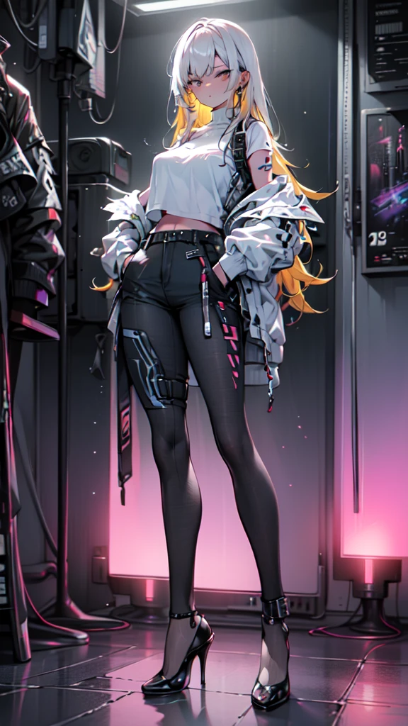 1 girl, long Yellow hair , cyberpunk, blue eyes, high heels, hand in pocket, best quality, 4k, 8k, highres, masterpiece:1.2, ultra-detailed, realistic, photorealistic, photo-realistic:1.37, HDR, UHD, studio lighting, ultra-fine painting, sharp focus, physically-based rendering, extreme detail description, professional, vivid colors, bokeh, cyberpunk, science fiction, neon lights, dark atmosphere, dramatic lighting