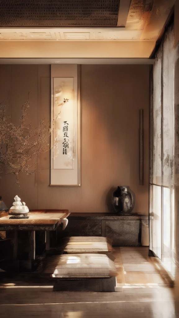 There was a vase on the table in the room，There are flowers inside, Asian Interior Decoration, Wall hanging scroll, modern japanese living room, japanese inspired, author：Ma Yuanyu, with japanese inspired, Japanese style painting, Japanese style, Quiet and peaceful atmosphere, Traditional Korean interior decoration, Japanese influence, Calm and peaceful atmosphere, Vray rendering, Rendering in VRay