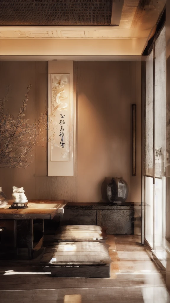 There was a vase on the table in the room，There are flowers inside, Asian Interior Decoration, Wall hanging scroll, modern japanese living room, japanese inspired, author：Ma Yuanyu, with japanese inspired, Japanese style painting, Japanese style, Quiet and peaceful atmosphere, Traditional Korean interior decoration, Japanese influence, Calm and peaceful atmosphere, Vray rendering, Rendering in VRay