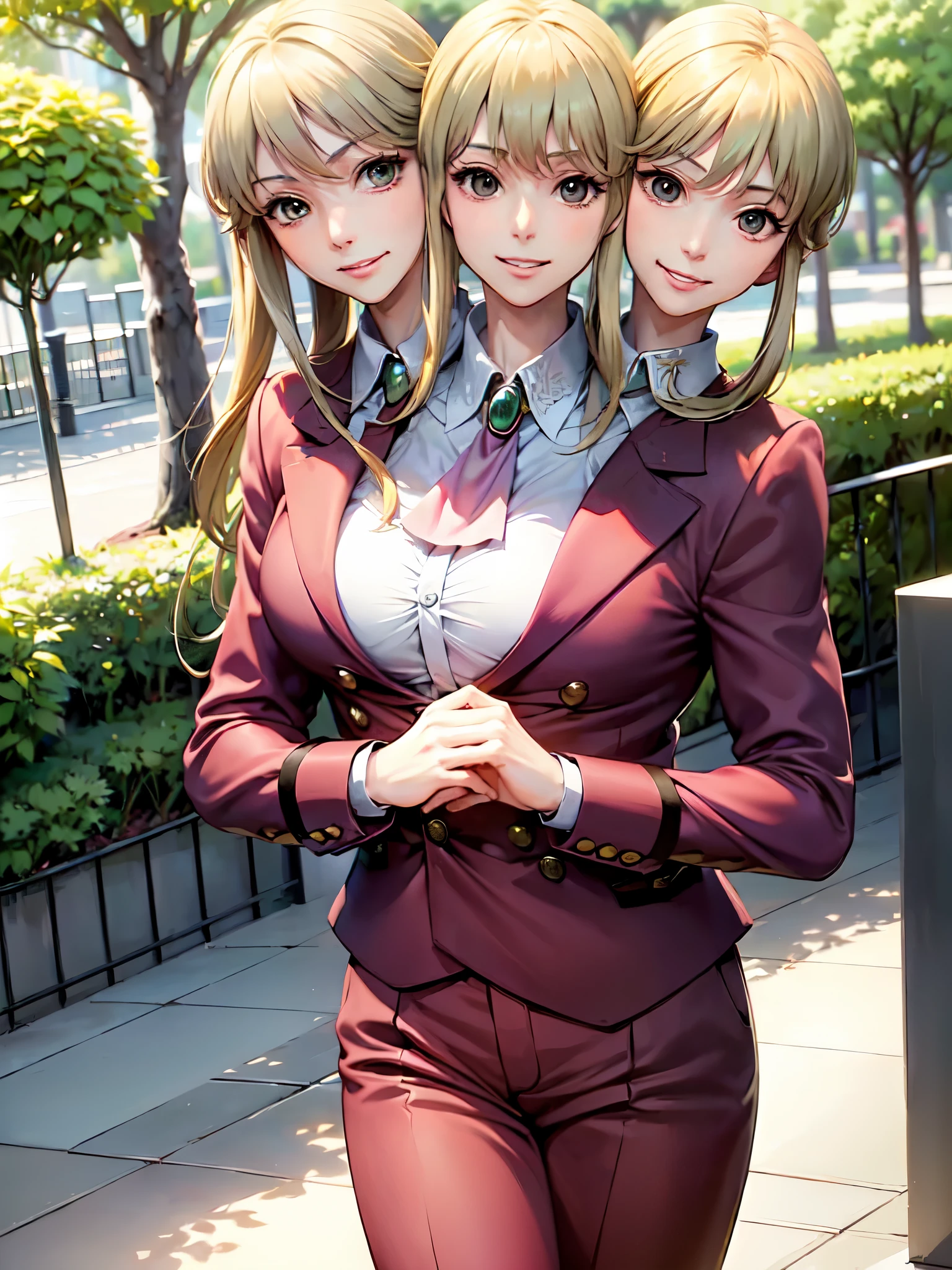  (2heads:1.6), (masterpiece, best quality:1.2), cowboy shot, solo, male focus, 1boy, (ushiromiya lion:1.1), androgynous, smile, closed mouth, looking at viewer, arms at side, ponytail, formal, suit, ascot, light blonde hair, walking through park