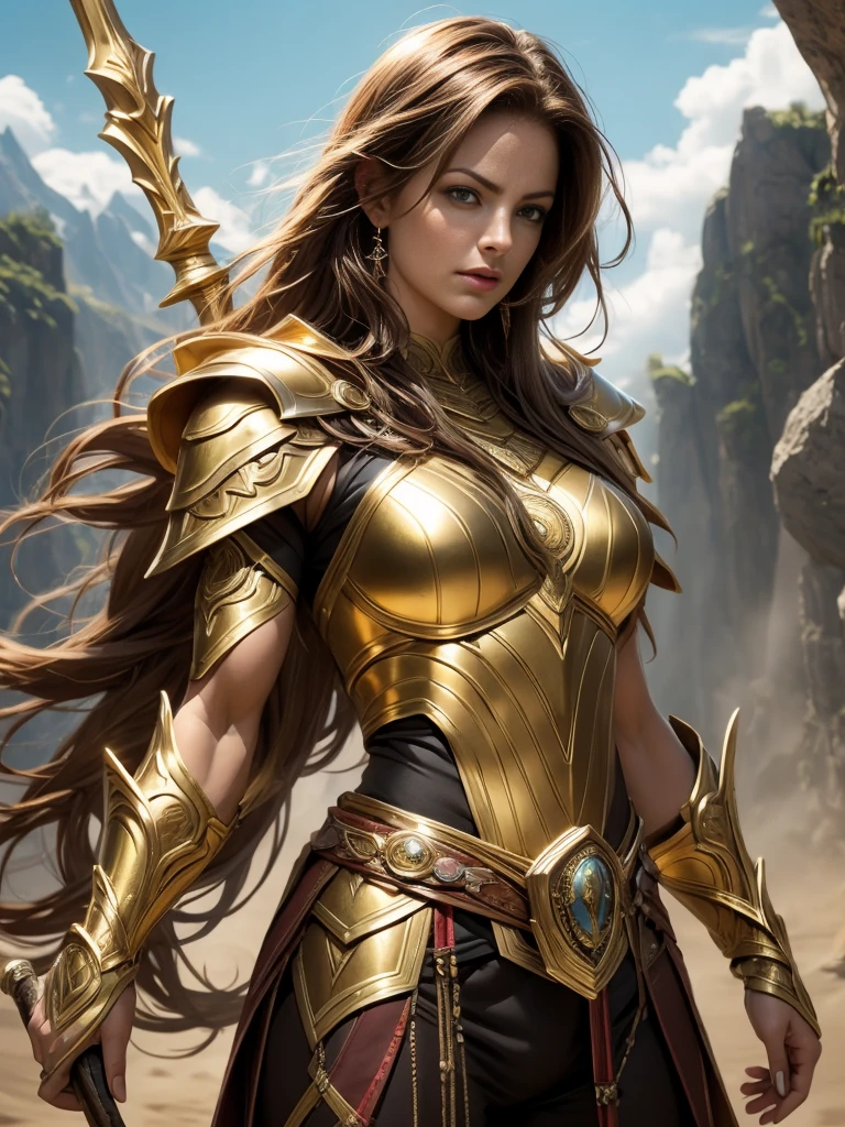Erica Durance as a Asgard,valkyrie,Upper Body shot,green eyes,long flowing brown hair, fitness muscular woman, Senhora Cavaleiro,elaborate decorative golden battle armor,Anatomia correta,holding a magical big sword, epic fantasy digital art, masterpiece,8k,high-definition resolution,desenho detalhado,Qualidade Superior,, Epic composition, muscular body