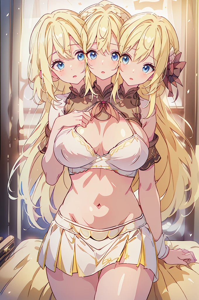(masterpiece, best quality),best quality, best resolution, (ultra-detailed), (3heads:1.5), 1girl, (lily white:1.3), masterpiece, best quality, ultra quality, ultra resolution, ultra detail, white top, crop top, ((stomach)), midriff, ((groin)), white skirt, normal ears, shackles, yellow hair, very long hair, wavy hair, sidelocks, blue eyes, very detailed eyes, very beautiful eyes, parted lips, sweat, cute, open belly, toned belly, hand on own chest, eyelashes, (23 year old woman:1.3), (masterpiece:1.5), (best quality:1.5), (beautiful detailed), extremely detailed CG, extremely delicate and beautiful, depth of field, (finely detailed face), (perfect details:1.2), (mature female:1.3), wide pelvis, slender, large veiny breast, 16k resolution, highres, high quality, high definition, extremely detailed, masterpiece, yellow hair, long hair, alluring presence, braid, short skirt, close up, very big tits, huge tits, young, exposed midriff,