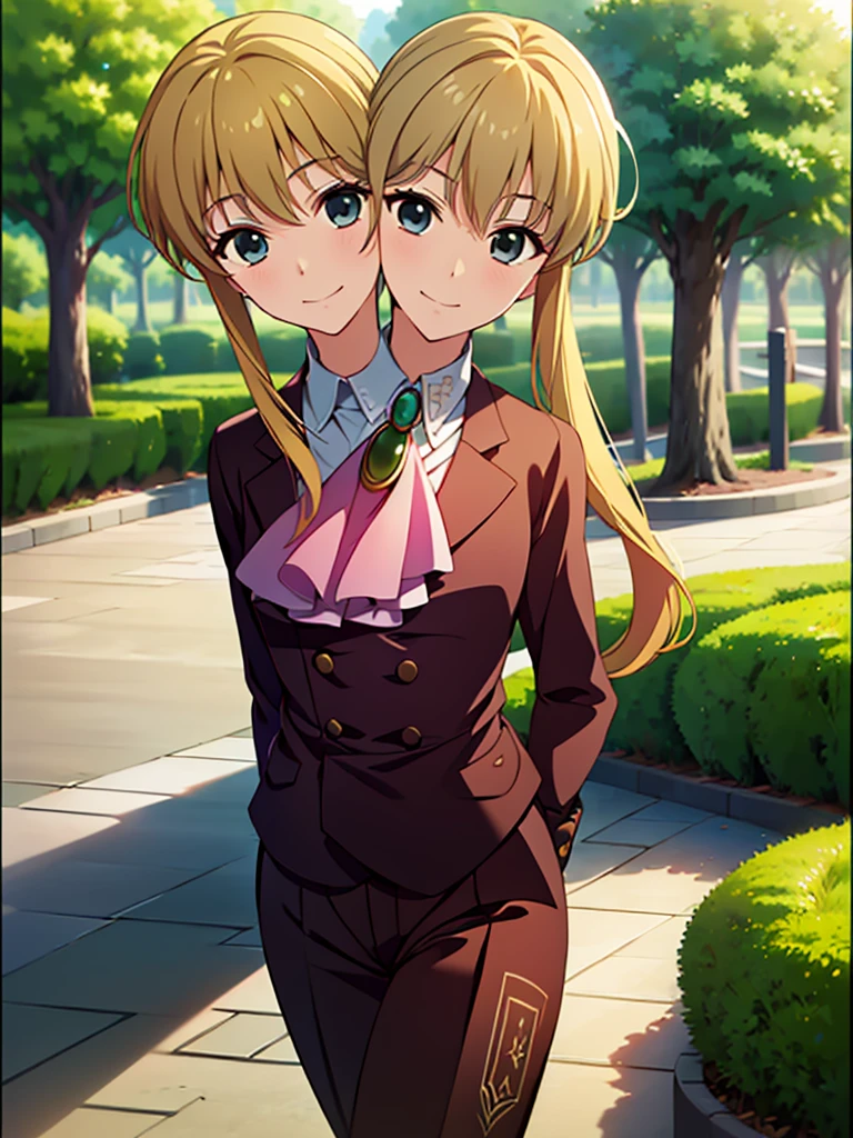 (2heads:1.6), (masterpiece, best quality:1.2), cowboy shot, solo, male focus, 1boy, (ushiromiya lion:1.1), androgynous, smile, closed mouth, looking at viewer, arms at side, ponytail, formal, suit, ascot, light blonde hair, walking through park