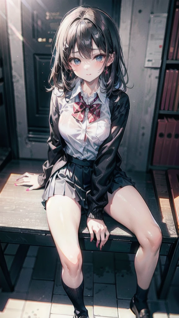 (Best quality, 8k, 32k, Masterpiece, UHD,:1.2),RAW, human, 1girl,ultra cute , ultra cute, natural lighting, transparent shining eyes, 20yo, medium breast ,femur, fair complexion , flushed face, ((Long sleeve black cardigan, white collared shirt, black pleated mini skirt), dark red bow tie), (beautiful scenery), shiny, sitting on chair