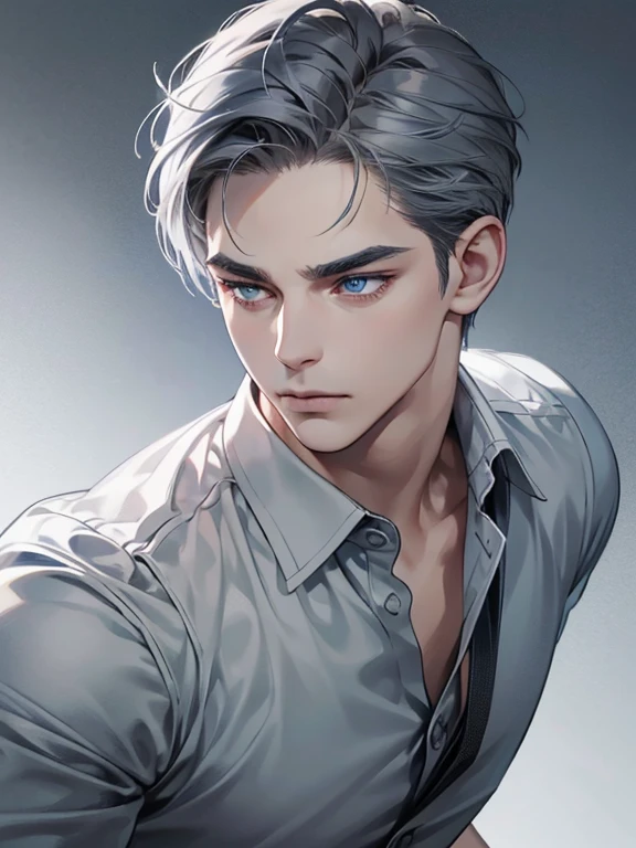 masterpiece, best quality, realistic, 1 man, mature man, quiet and charming young man, 31 years old, eyes closed, serious look, extremely detailed face, ((dark gray blue eyes)), ((short dark white swept to the right ) hair)), [thick eyebrows], ((businessman)), cinematic lighting, posture dynamics