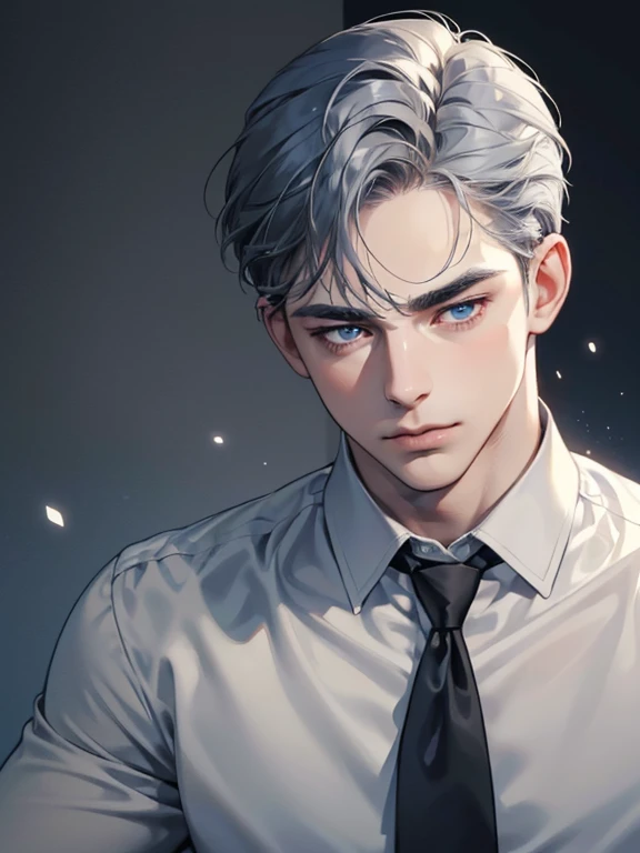 masterpiece, best quality, realistic, 1 man, mature man, quiet and charming young man, 31 years old, eyes closed, serious look, extremely detailed face, ((dark gray blue eyes)), ((short dark white swept to the right ) hair)), [thick eyebrows], ((businessman)), cinematic lighting, posture dynamics
