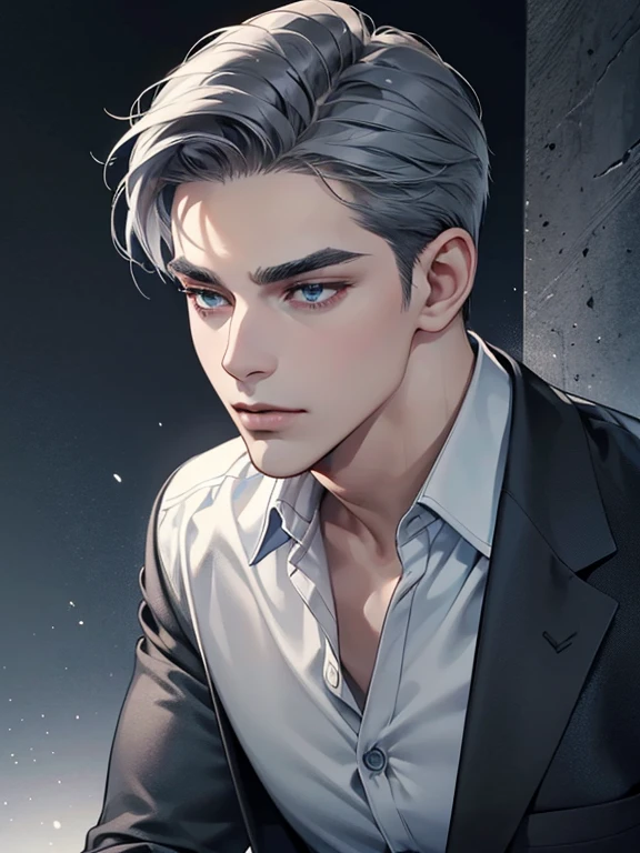 masterpiece, best quality, realistic, 1 man, mature man, quiet and charming young man, 31 years old, eyes closed, serious look, extremely detailed face, ((dark gray blue eyes)), ((short dark white swept to the right ) hair)), [thick eyebrows], ((businessman)), cinematic lighting, posture dynamics