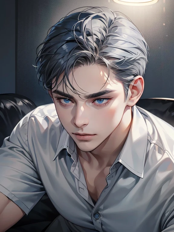 masterpiece, best quality, realistic, 1 man, mature man, quiet and charming young man, 31 years old, eyes closed, serious look, extremely detailed face, ((dark gray blue eyes)), ((short dark white swept to the right ) hair)), [thick eyebrows], ((businessman)), cinematic lighting, posture dynamics