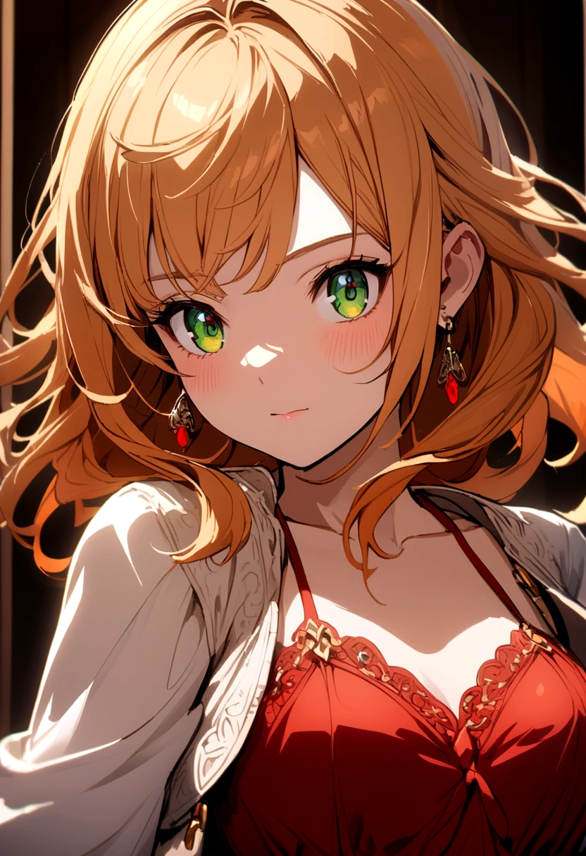 girl with waist-length orange-blond hair, green eyes, red spaghetti strap dress, white cropped jacket, red earrings