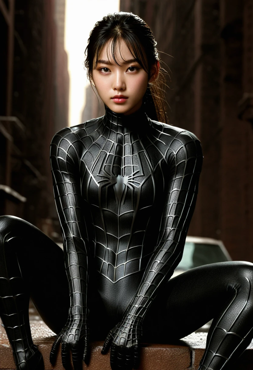 score_9, score_8_up, score_7_up, best quality, realistic, masterpiece, beautiful detail, hyperrealistic, ((1girl, woman body, big breasts)), amazing detailed full body portrait of a beautiful ulzzang girl, wearing a realistic and highly detailed black raimi spider-man suit, ((huge muscular girl)), professional model wears ultra - detailed black raimi spider - man suit, ultra - detailed and grained black raimi spiderman suit, suit covered entire body and hand, black spiderman gloves, wet, (sitting pose), (full body), (dirty skin), close up, octane render, highly detailed, volumetric, dramatic lighting, (highest quality:1.1), (HDR:1.3), (top quality, best quality), realistic, high definition,