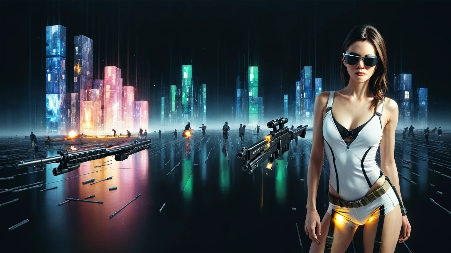Brightly colored abstract aerial view image of a futuristic railway station with a spiral, a (((((futuristic all-glass train))))) passing by, epic beautiful space sci-fi, chaotic cinematic space rift, Greg Beeple, planets colliding, Beeple and Tim Hildebrandt, Beeple and Jean Giraud, end of the universe, (((((giant abstract sculpture))))), galaxy space sci-fi, ringworld, by Mike "Beeple" Winkelmann. Matrix style, (((((Matrix cascading code))))), (((((a futuristic twin tower skyscraper with a unique twisted design))))), (((((OLED GUI interfaces in the building))))), at night, (((((1girl, solo))))), photo realistic, (((large-breast:1.4 plump body, cleavage))), (((off broken mini sling-shirt and black sling bra, extreamly short pleated miniskirt exposing panty))), (((((running pose))))), (((((((matrix style black micro sunglasses))))))), ((((((((((aiming with a short gun)))))))))), (((((looking at camera))))), (((very low view))), (((((half-body thigh level medium shot))))), (((cinematic lighting))).