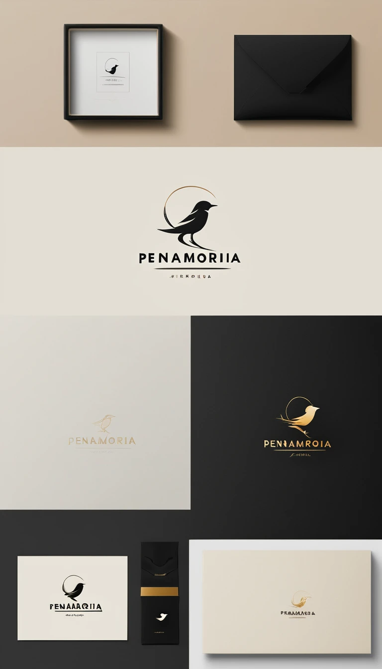 A minimal, modern, simple, cinematic logo design for the brand “Penamemoria". Create a modern, minimalistic, high-quality, logo of a bird with special and thin threads as tail