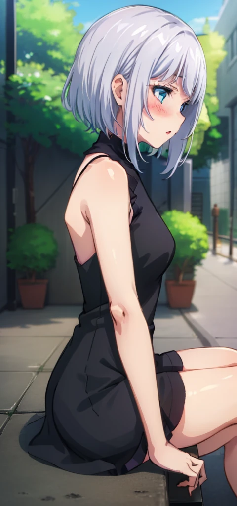 1 girl, kanon kanase,  , blush, medium breasts, sleeveless,(stylish dress), sitting,  20-year-old, healthy skin. From side. 