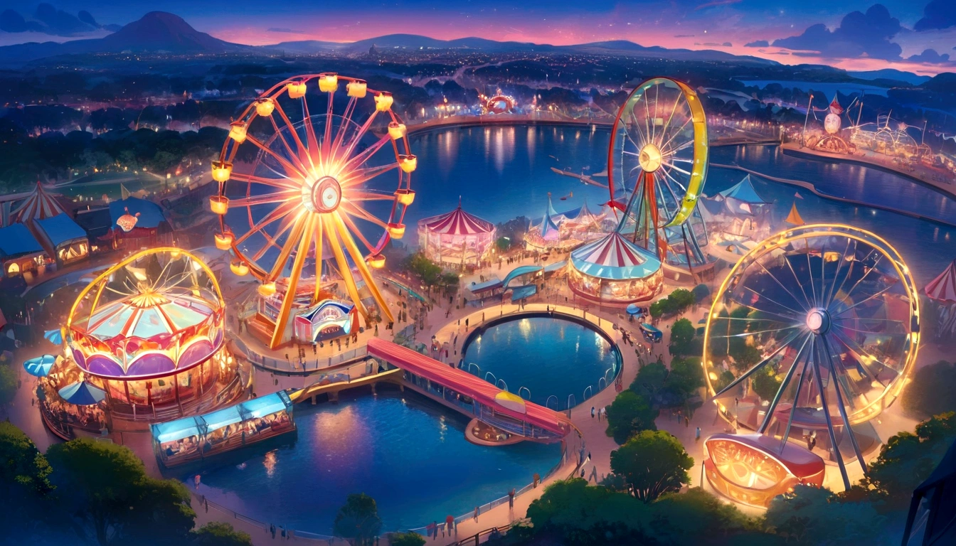 a rendering of a carnival park with a ferris wheel and rides, !dream concept art, concept art magical highlight, metaverse concept art, anime scenery concept art, disney concept art, beautiful concept art, concept art stunning atmosphere, concept art 2022, photo from 2022, pixar rendering, disney render, colorful concept art, background artwork